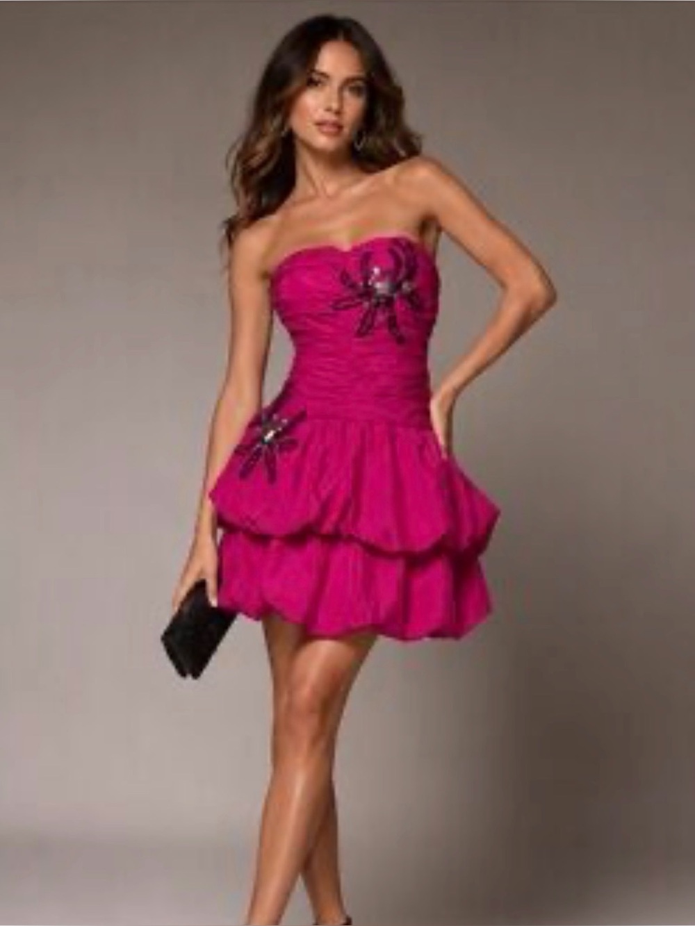 VTG 2000s Bebe Fuchsia Ruched Bubble mini Dress w/ Beaded Embellishments Small